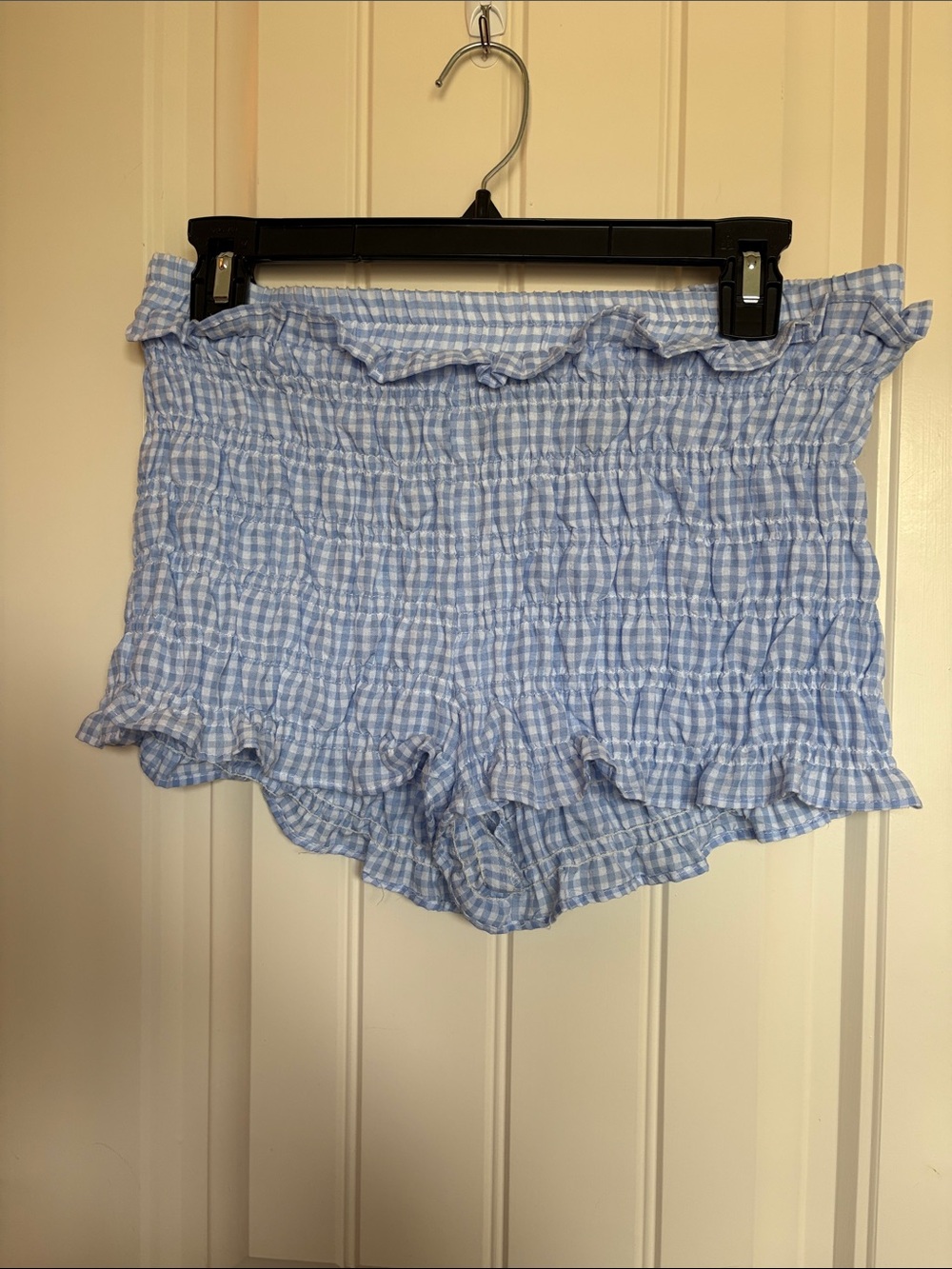 SHEIN Light Blue Gingham High-Waist Smocked Shorts